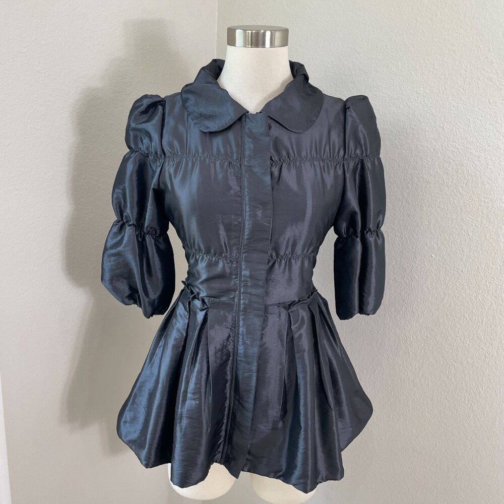 Y2K Twelve By Twelve Womens Small Puff Sleeve Satin Button Up Peplum Jacket Coat